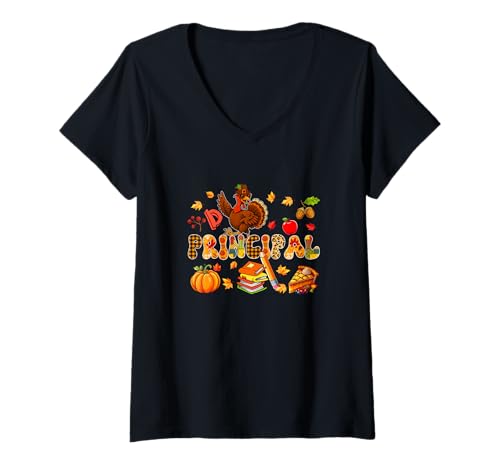 Damen Principal Thanksgiving Turkey Sunglasses Leopard Colorful T-Shirt mit V-Ausschnitt Damen Principal Thanksgiving Turkey Sunglasses Leopard Colorful T-Shirt mit V-Ausschnitt von Principal Thanksgiving Costume