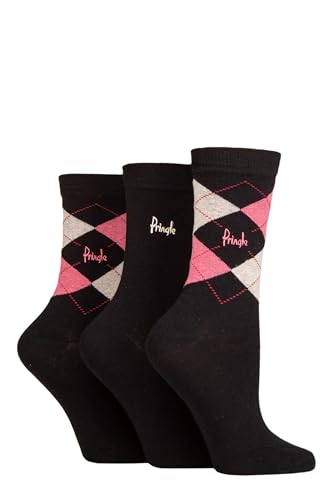 Pringle Damen 3 Paar Louise Argyle Baumwoll-Socken Schwarz/Rosa 37-42 von Pringle of Scotland