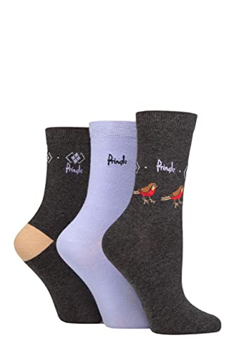 Pringle Damen Weihnachten Robin Baumwolle Socken mit Geschenkanhänger Packung 3 Grau 37-42 von Pringle of Scotland