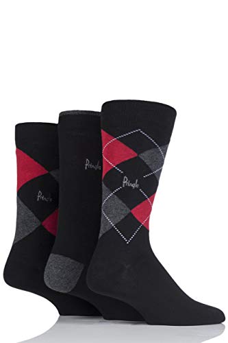 Pringle Herren 3 Paar New Waverley Argyle gemusterte und einfarbige Socken Schwarz/Rot/Grau 41-46 von Pringle of Scotland