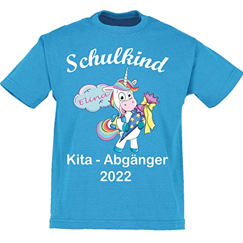 Schulkind Einschulung Einhorn Mädchen Kinder T-Shirt Personalisiert mit Namen | Kita Abgänger und Schulanfang | Schultüte | Tschüss Kindergarten, Kindergartenabschluss | 1 Klasse (128, Azurblau) von Print Deluxe