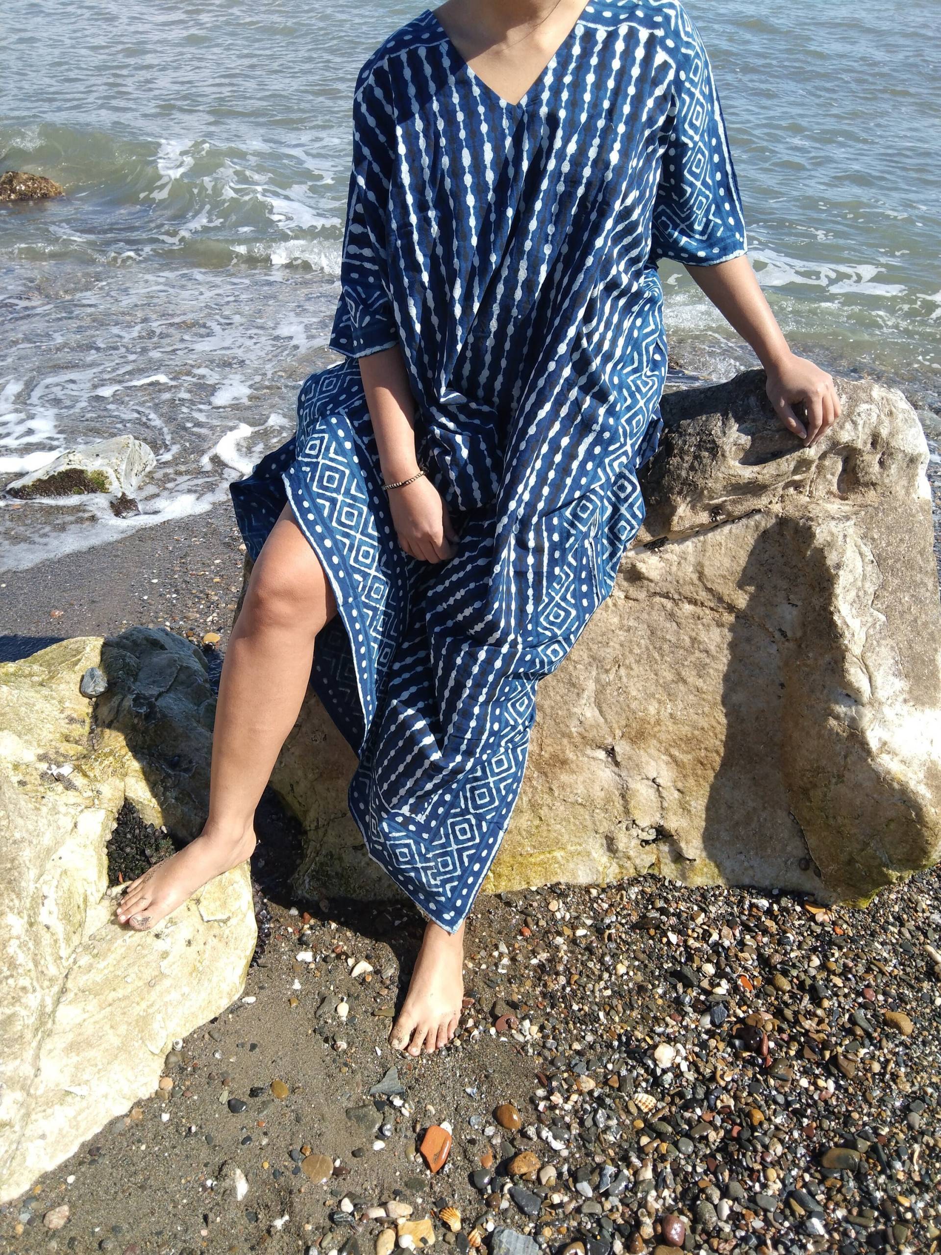 Baumwolle Kaftan, Kaftan, Geschenk Für Sie, Bio Kaftan, Resort Wear, Loungewear, Boho Kleid, Übergröße Indigo Kleid von PrintABlock