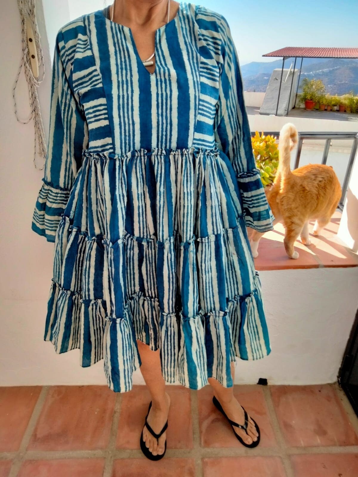 Indigo Gestuftes Kleid, Baumwoll Kleid, Geschenk Für Sie, Boho Kleid, Bio Tunika, Baumwoll Kleid, Resort Tragen von PrintABlock