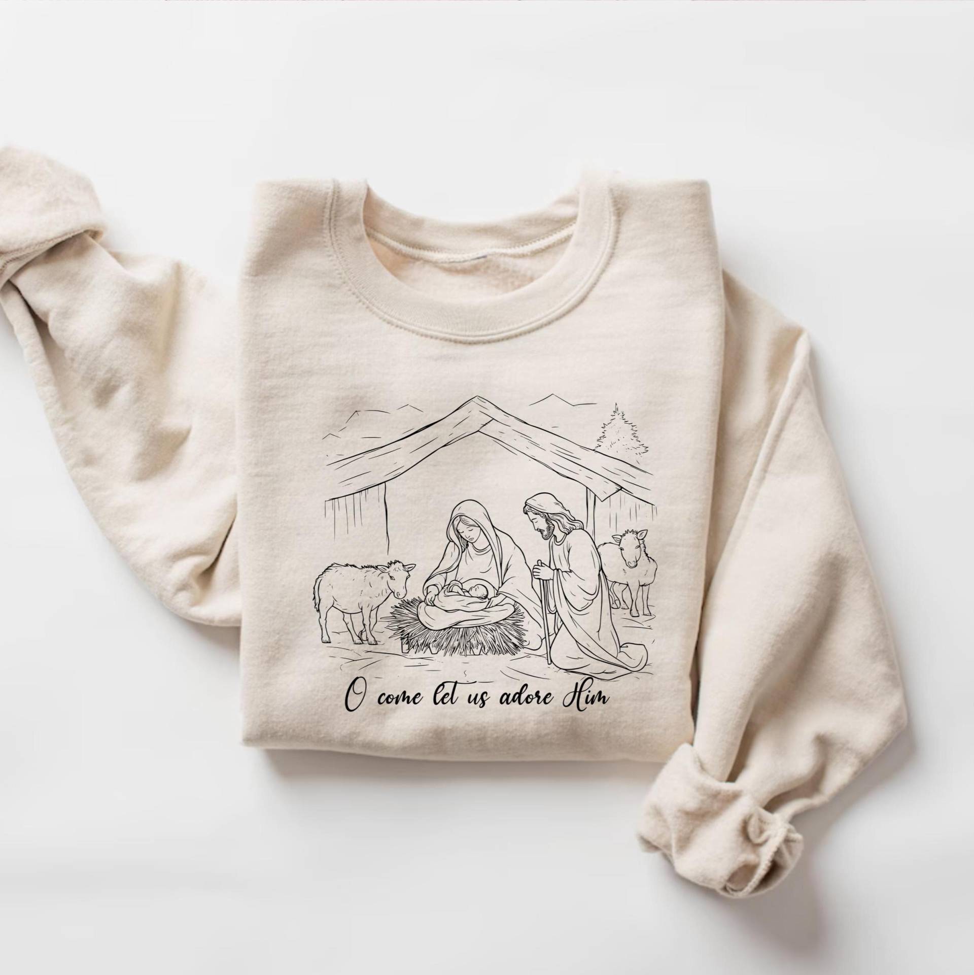Krippenszene Sweatshirt, Christliches Weihnachtst-Shirt, Religiöser Feiertag Hoodie, O Kommt Lasst Uns Ihn Verehren Jesus Geburtsshirt von PrintBoutique4U