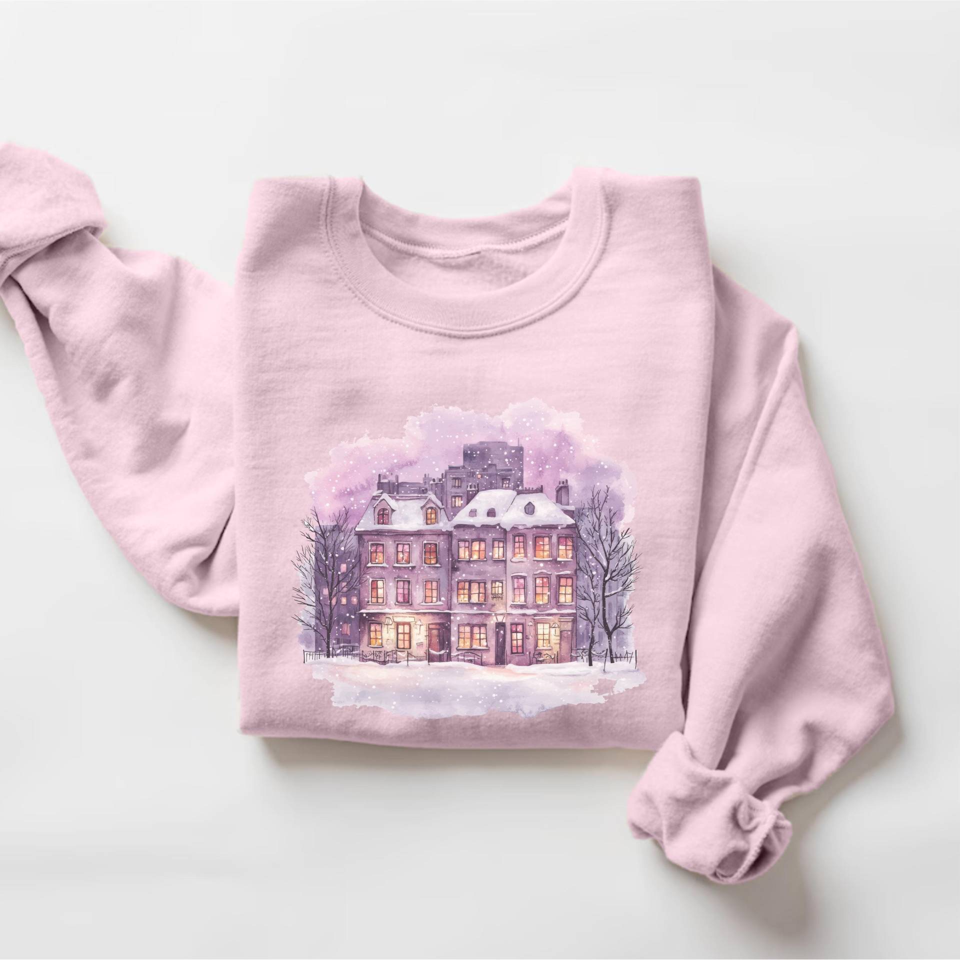 Retro Weihnachten Winterdorf Sweatshirt, Outfit, Boho Unisex Rundhals-Sweatshirt, Rosa von PrintBoutique4U