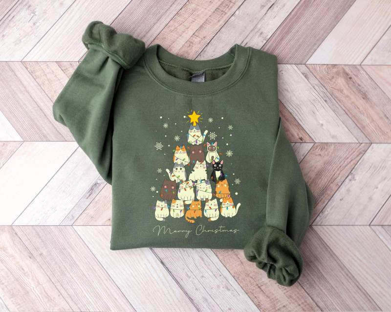 Weihnachten Sweatshirt, Lustiges Katzen Baum Shirt, Urlaub Kitty Hoodie, Süßes Haustier Liebhaber Weihnachtsgeschenk, Katzenmutter Pullover, T-Shirt von PrintBoutique4U