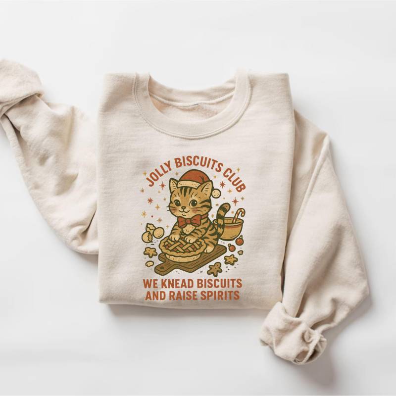 Weihnachtskatzen-Back-Sweatshirt, Gemütlicher Urlaub Katzenmama Geschenk, Vintage Lustiger Katzen-Weihnachts-Pullover, Jolly Biscuits Club Cookie von PrintBoutique4U