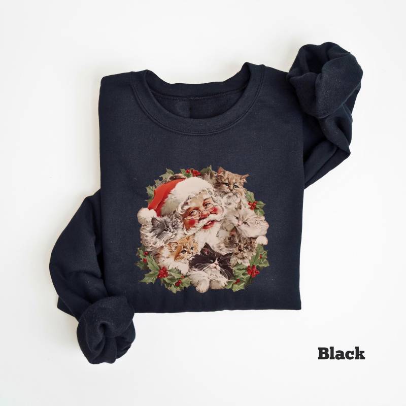 Weihnachtsmann Kätzchen Weihnachten Sweatshirt, Retro Pullover, Katzenmama Shirt, Geschenk, Katzenliebhaber Grafik T-Shirt von PrintBoutique4U