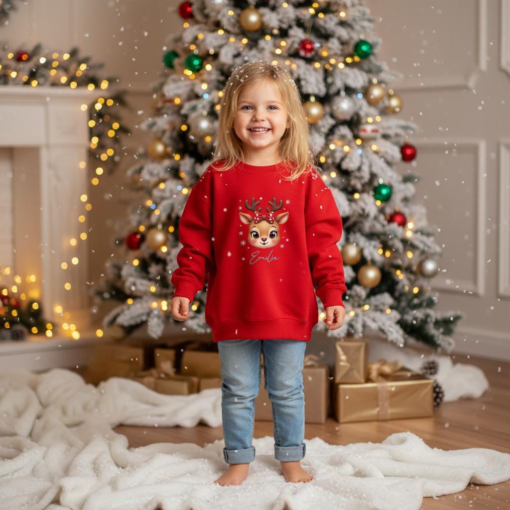 Personalisierbare Rentier Kinder Sweatshirt, Feiertags Pullover, Personalisierte Weihnachten Kleinkind Gesichts-Design, Umweltfreundliche Baumwolle von PrintNspireD