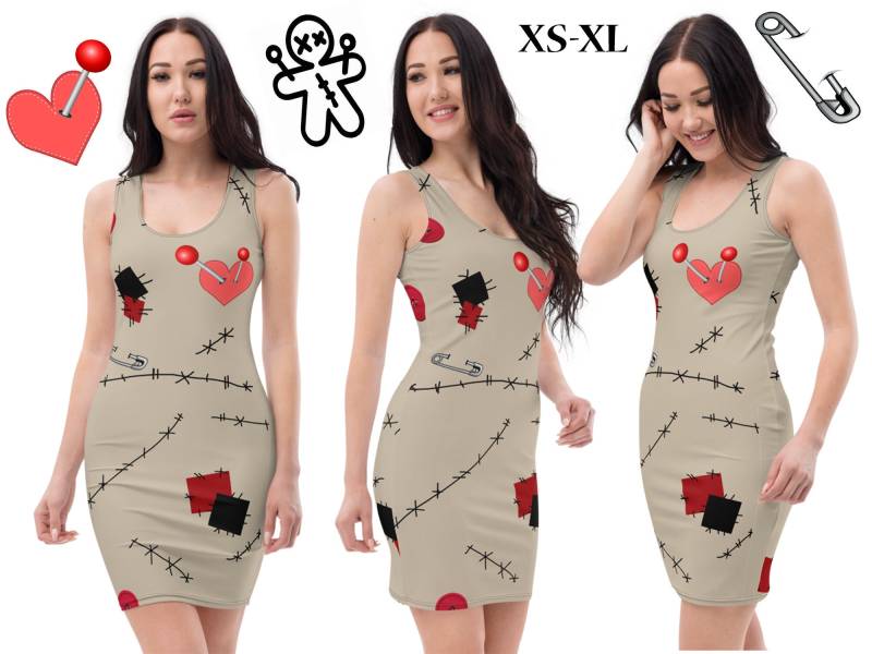 Voodoo-Puppe Skater Kleid Frauen Halloween Cosplay Kostüm Magie Pins Patches Hexerei Hexe Herz Laufen Outfit Party Geschenk Genäht von PrintOnBoutique