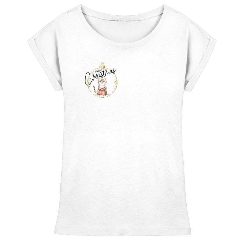 Women's Extended Shoulder T-Shirt - Weihnachtskatze Shirt | Katze Mit Weihnachtskugel Festliches Damen Christmas Cat von PrintTr3nkl3