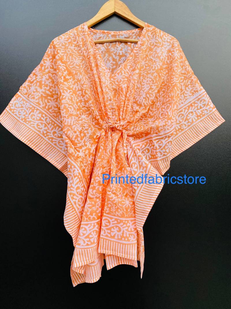 Sommer Kurzes Kaftan Kleid Tunika Strand Baumwoll Top Hand Block Print von PrintedfabricStore