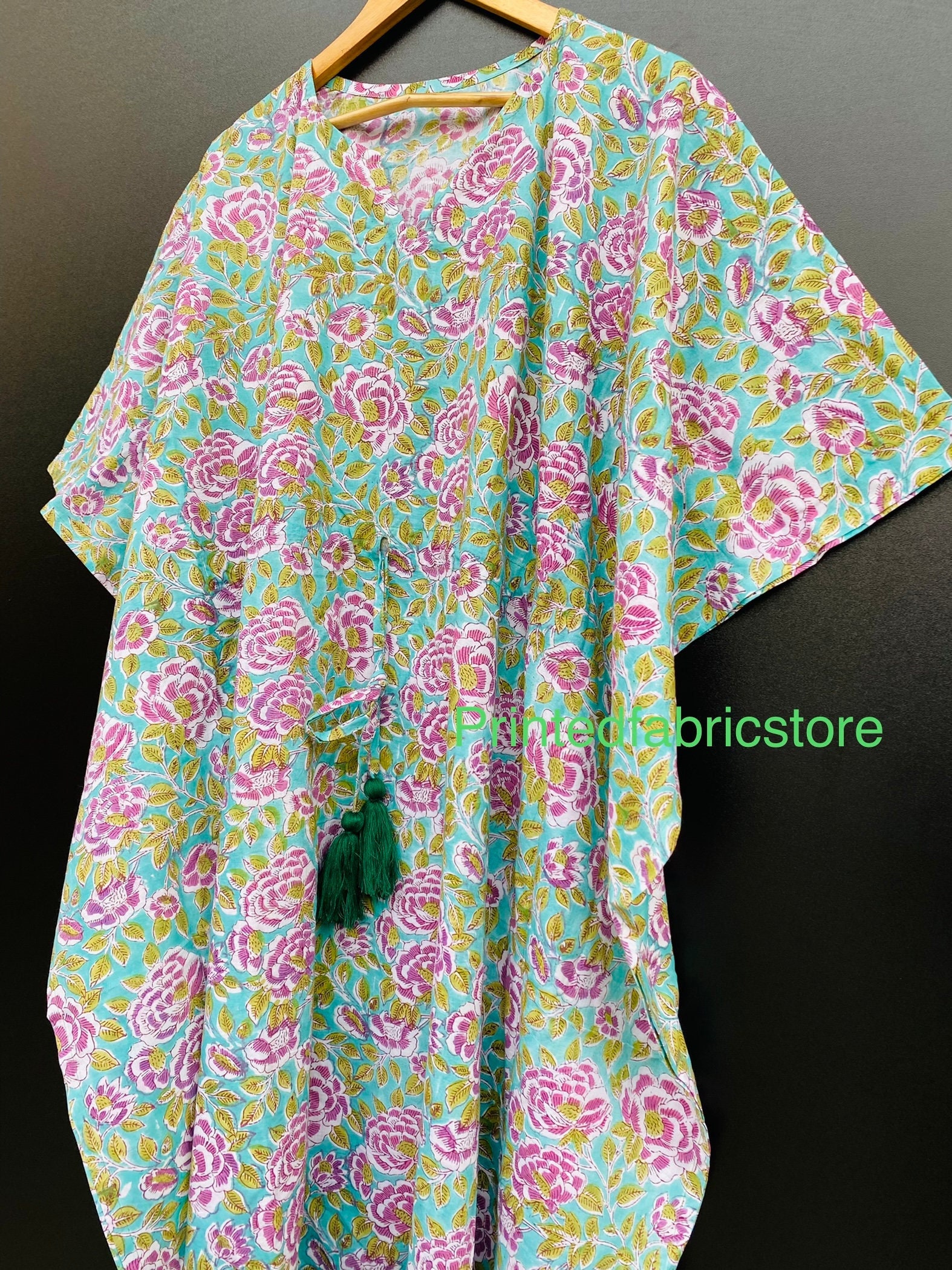 Handblock Gedruckt Baumwolle Kaftan Floral Lange Übergröße Kleidung Strand Maxi Poncho Kleid Brautjungfer Neujahr/Weihnachtsgeschenk Für Sie von PrintedfabricStore