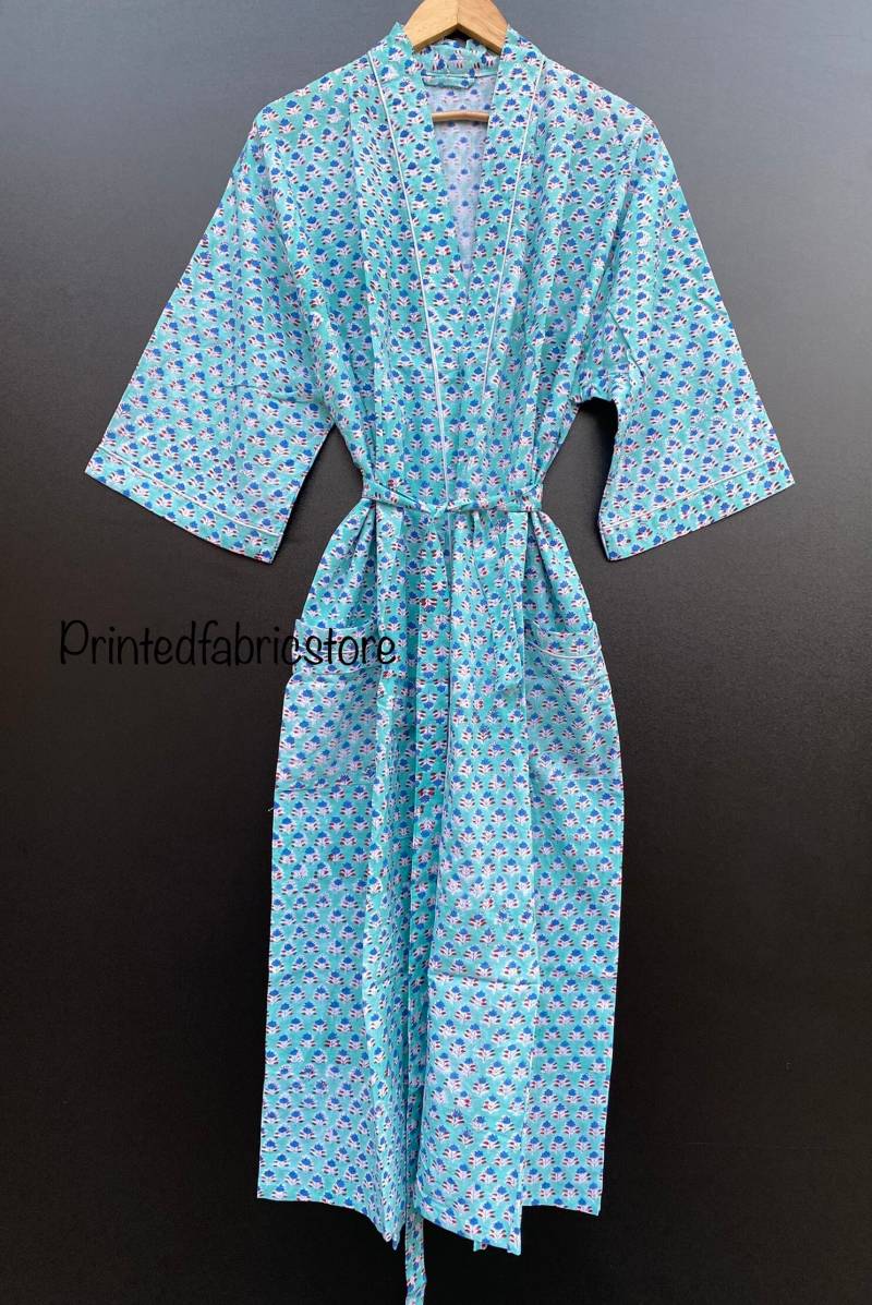 Kimono Robe Damen Morgenmantel-Handbedruckter Yukata-Bademantel Aus 100% Leichter, Atmungsaktiver Baumwolle Für Frauen - Boho Leichter Morgenmantel von PrintedfabricStore