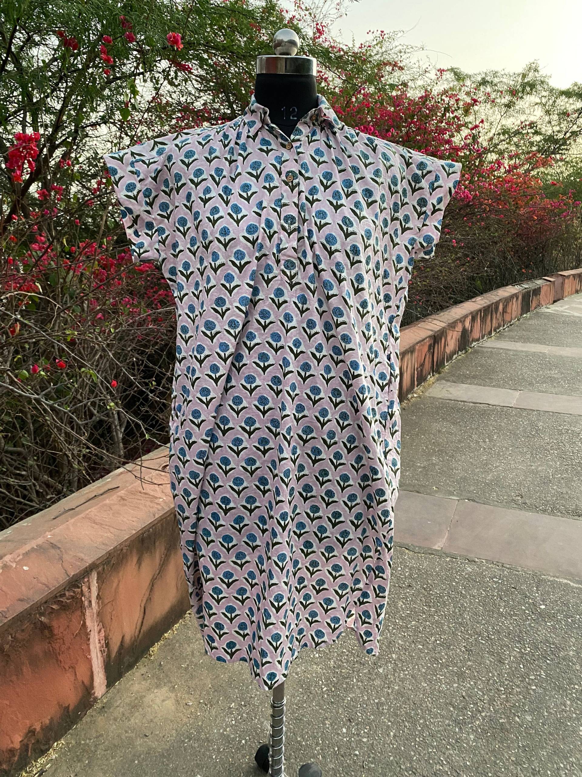 Langes Boho Kleid Damen Kimono Wickelkleid Maxikleid Hemden Kaftan Bio Mit Zwei Taschen Baumwollkleidchen/Rosa von PrintedfabricStore