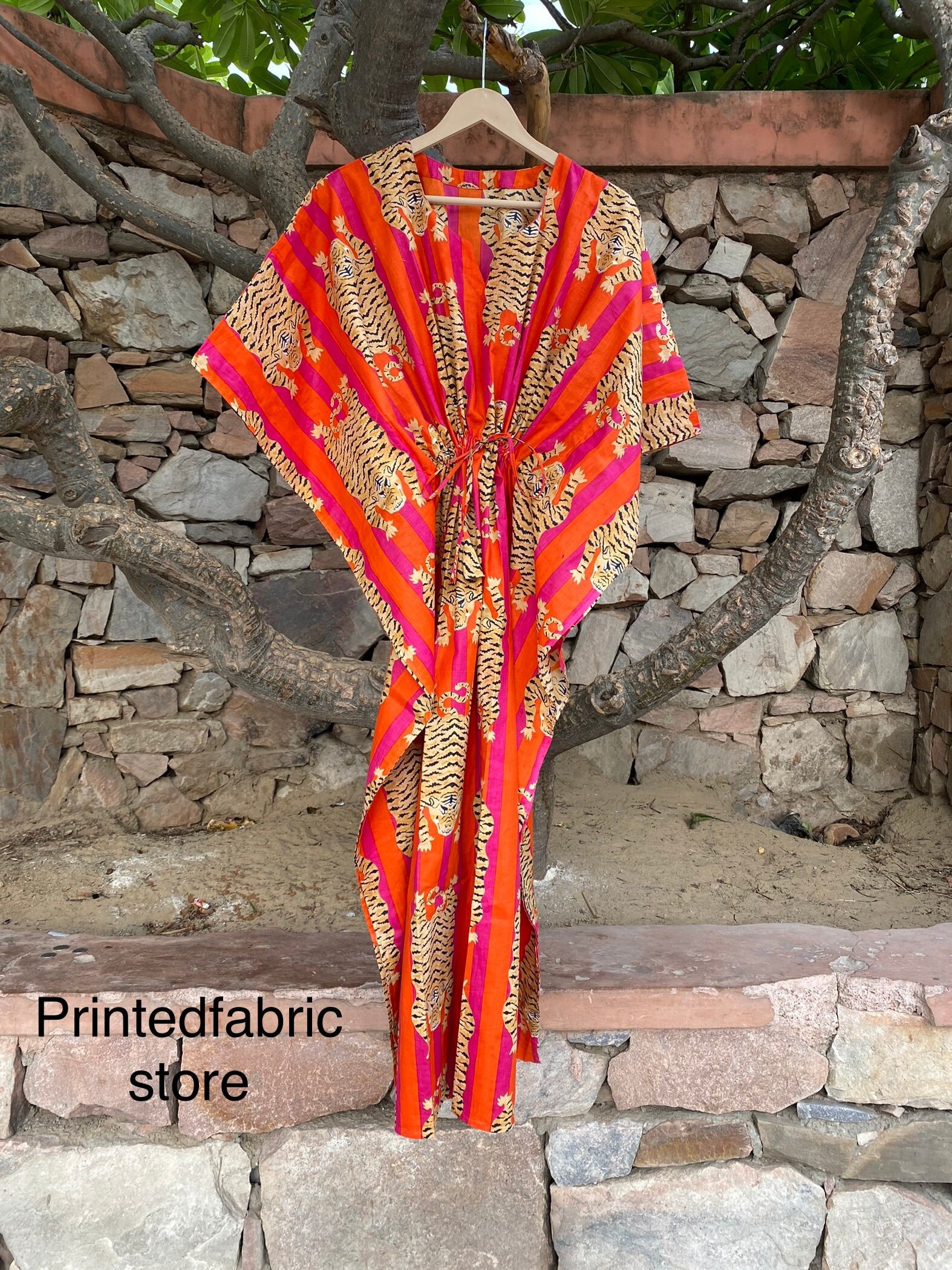 Neuer Animal Print Weicher Baumwolle Kaftan Kleid, Orange Kaftan, Maxi Strand Cover Up, Brautjungfer Geschenk, Für von PrintedfabricStore