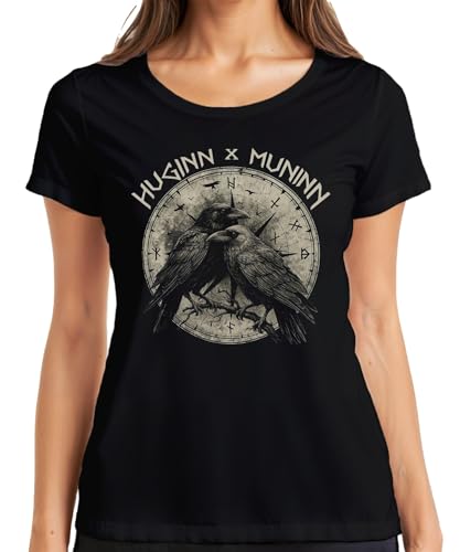 Huginn Muninn Wikinger Raben Odin Vegvisir Runen Gothic Nordisch Damen T-Shirt, Schwarz, S Huginn Muninn Wikinger Raben Odin Vegvisir Runen Gothic Nordisch Damen T-Shirt, Schwarz, S von Printera