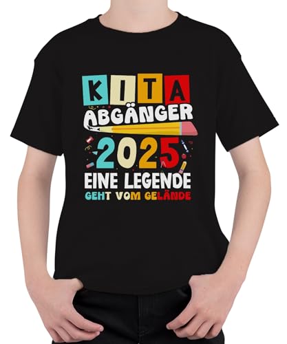 Kita Abgänger 2025 Personalisiert Wunschjahr Personalisierbar Jahr Kindergarten Abschied Einschulung Schulkind Schule Letzter Tag Schulanfänger Geschenk Unisex Kinder T-Shirt, Schwarz, 140 von Printera