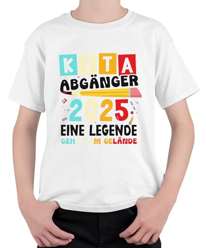 Kita Abgänger 2025 Personalisiert Wunschjahr Personalisierbar Jahr Kindergarten Abschied Einschulung Schulkind Schule Letzter Tag Schulanfänger Geschenk Unisex Kinder T-Shirt, Weiß, 140 von Printera
