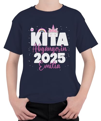 Kita Abgängerin 2025 personalisiert mit Namen | Einhorn Mädchen Einschulung Kindergarten Abschied Unisex Kinder T-Shirt, Navy, 128 von Printera