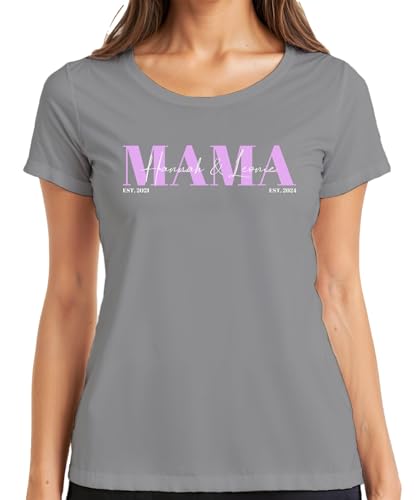 Mama Est. Geburtsjahr und Name von Sohn und Tochter werdende Mama Geschenk Damen T-Shirt, Grau, L von Printera