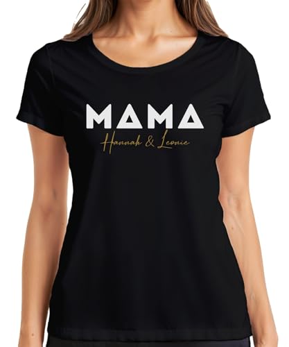 Muttertagsgeschenk für Mama Geschenk Personalisiert Jahr & Name der Kinder Muttertag Damen T-Shirt, Schwarz, XL von Printera