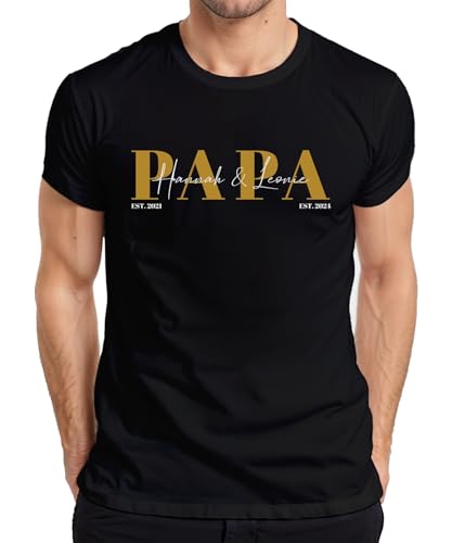 Papa Est. Geburtsjahr und Name von Sohn und Tochter werdender Papa Geschenk Herren T-Shirt, Schwarz, L von Printera