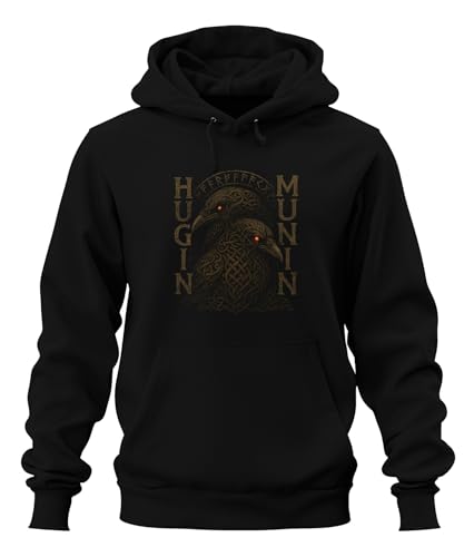 Printera Nordische Raben Hugin Munin Wikinger Mythologie Runenkrieger Unisex Hoodie Kapuzenpullover, Schwarz, L von Printera