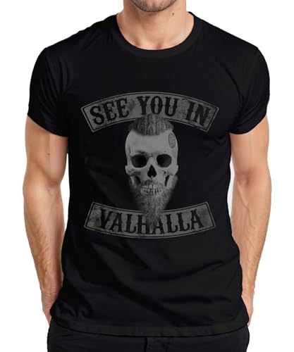 See You In Valhalla Totenkopf Runen Wikinger Vegvisir Biker Herren T-Shirt, Schwarz, XL von Printera