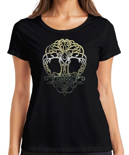 Thorhammer Wikinger Yggdrasil Lebensbaum keltischer Knoten Runen Damen T-Shirt, Schwarz, XXL von Printera