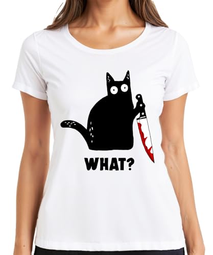 What? Katze Horror Halloween Blutiges Messer Slasher Damen T-Shirt, Weiß, L von Printera