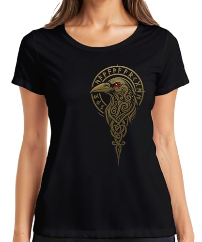 Wikinger Rabe Runen Keltischer Knoten Nordisch Mythologie Gold Damen T-Shirt, Schwarz, L Wikinger Rabe Runen Keltischer Knoten Nordisch Mythologie Gold Damen T-Shirt, Schwarz, L von Printera