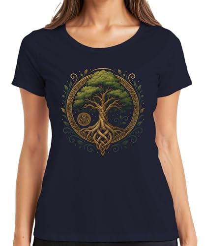 keltischer Baum des Lebens Yggdrasil Wikinger Valhalla Nordisch Damen T-Shirt, Navy, M von Printera