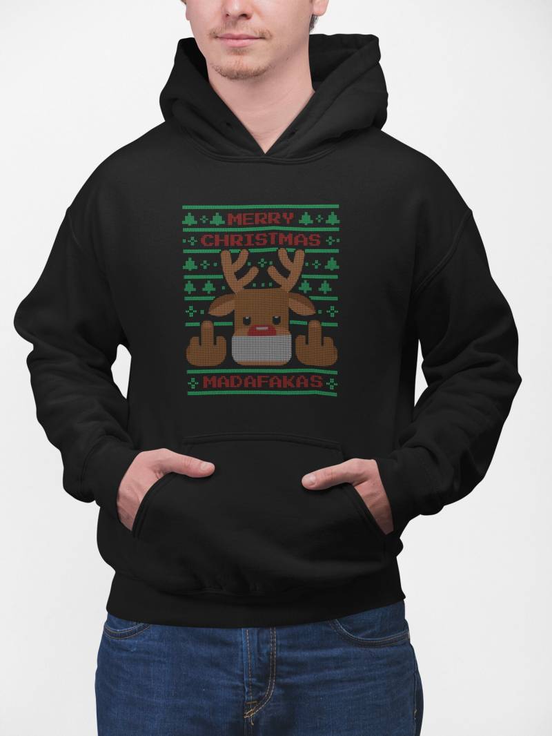 Frecher Ugly Weihnachts Unisex Premium Hoodie Kapuzenpullover Merry Christmas Sweater Mit Stinkefinger Renntier von Printlicht