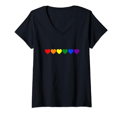Damen Herz Design Pride LGBTQ+ Regenbogenflagge Valentinstag T-Shirt mit V-Ausschnitt von Printmanufaktur Pride