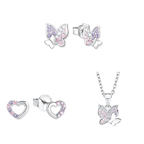 Prinzessin Lillifee Schmuckset für Mädchen aus 925 Sterling Silber, rhodiniert, mit Zirkonia synth, rosa,lila, Schmetterling, kommt in Schmuckbox von Prinzessin Lillifee