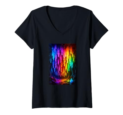 Damen Regenbogen-Kristallhöhle Fantasie-Landschaft bunter Traum T-Shirt mit V-Ausschnitt Damen Regenbogen-Kristallhöhle Fantasie-Landschaft bunter Traum T-Shirt mit V-Ausschnitt von Prism Vault