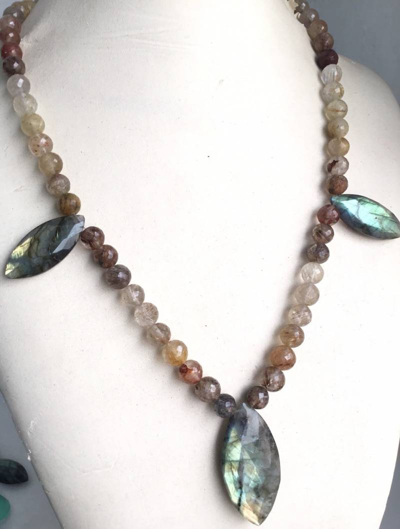 Rutil Labradorit Fushion Schmuck Edelstein Halskette 20 Zoll 254 Karat 8 Bis X 41 Mm Perlen von Prismaticgems