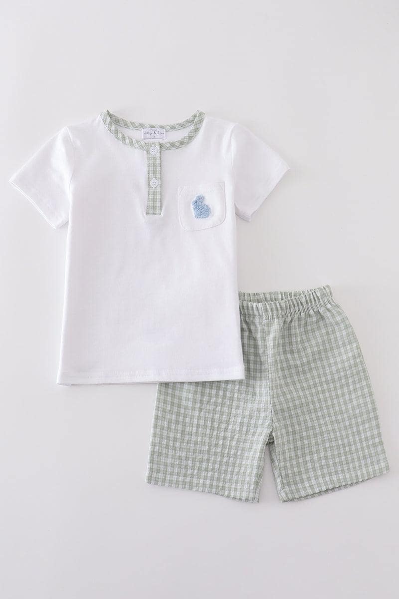 Abby & Evie Boy's Boutique Premium Weiß Grün Osterhase Besticktes Zweiteiler Kurzes Outfit Passendes Sibling von PristinelyPamperedTx