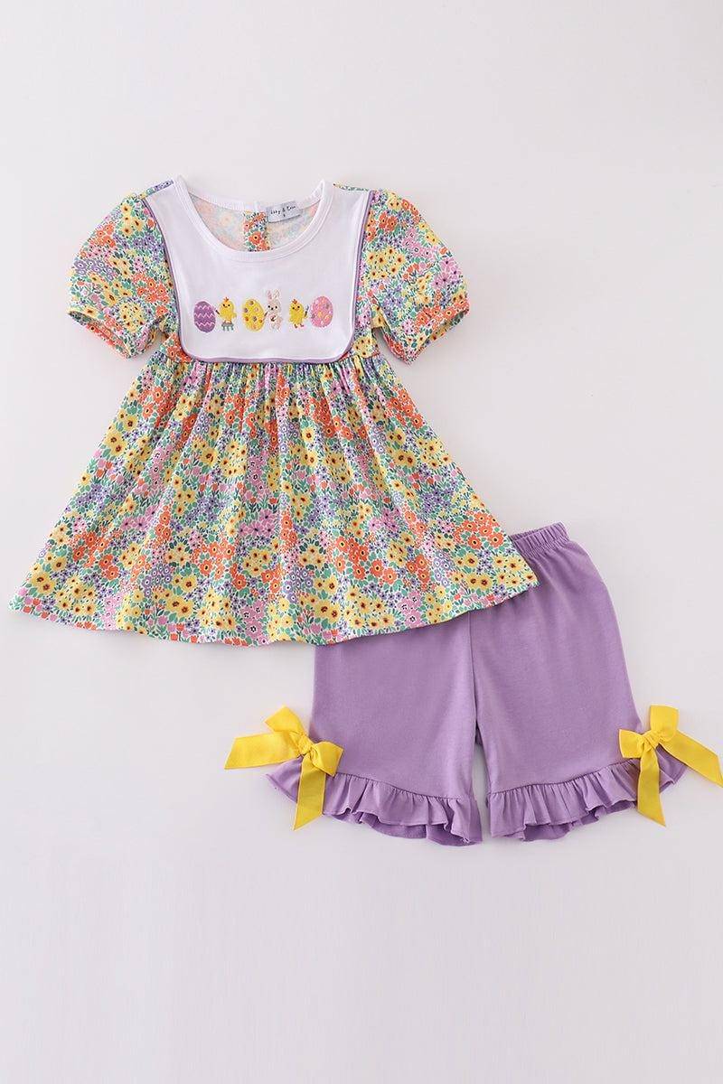 Abby & Evie Mädchen Boutique Oster Blumen Häschen Ei Bestickte Stickerei Zweiteiler Kurzes Outfit Passendes Sibling von PristinelyPamperedTx