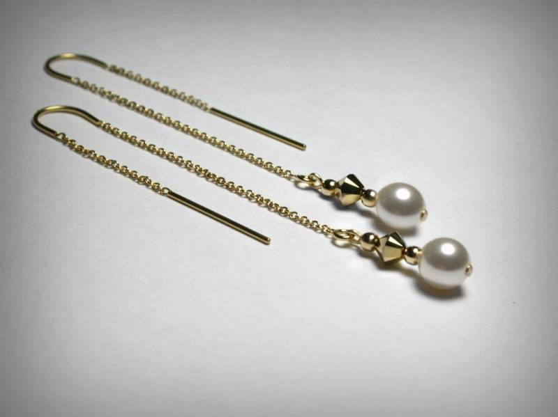 Einfädler Ohrringe, Kristall & Perlen 14K Gelb Gold Filled Perlenfädler, Lange Tropfen Baumeln Ohrringe von PristinityJewelry