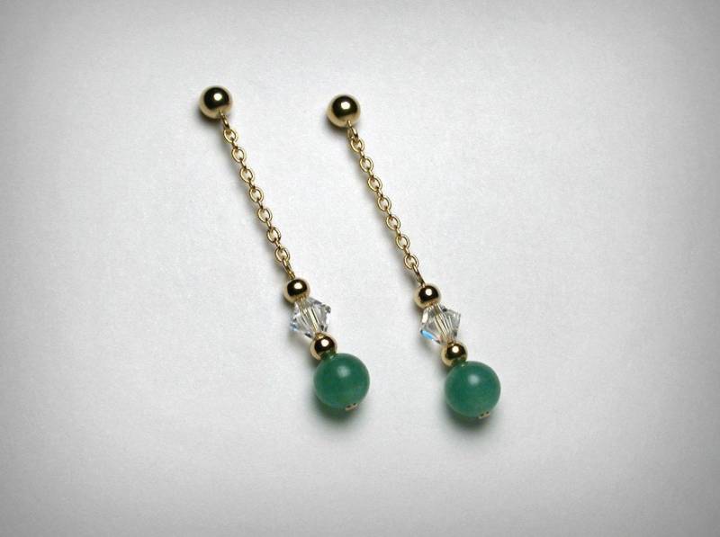 Grüne Ohrringe, Kristall Lange Tropfen Echtes Aventurin Grün, Post Ohrring, 14K Gelbgold Filled von PristinityJewelry