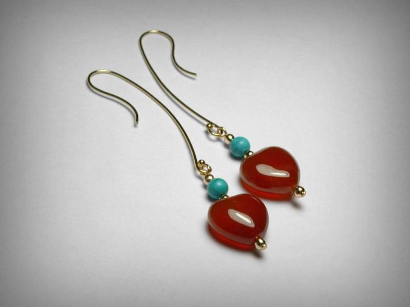 Karneol Ohrringe Türkis, Rot Lang Baumeln Ohrringe, Echte 14 K Gelbgold Gefüllt Tropfen, Türkis Schmuck von PristinityJewelry