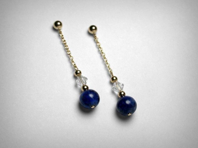 Lapis Ohrringe, Kristallohrringe, Lange Blaue Tropfenohrringe, Echter Dunkelblauer Lapis, Ohrstecker, 14K Gelbgold Gefüllt von PristinityJewelry