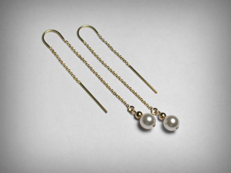 Perlenfädler Ohrringe, Perlen 14K Gelbgold Filled Perlenfädler, Lange Tropfen Baumeln Gold Ohrringe von PristinityJewelry