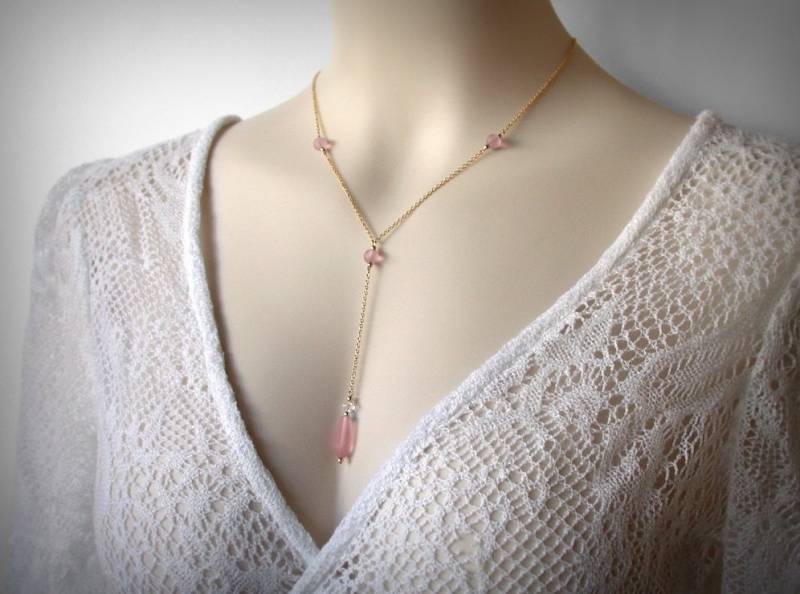 Rosa Y-Halskette, Lariat Halskette, Seeglas, 14K Gelbgold Gefüllt, Lange Halskette Rosa Klarer Kristall, Und Ohrringe Set von PristinityJewelry