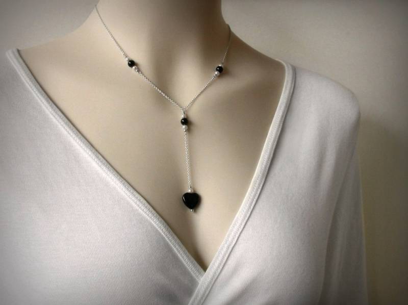 Schwarzer Onyx Y Halskette, Sterling Silber Schwarz Und Weiß, Faux Perle, Lange Lariat Schwarzes Herz, Echter Schwarzer von PristinityJewelry