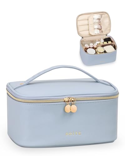 Prite Groß Kosmetiktasche für Damen Reise Kulturtasche aus Wasserdichtem Leder Tragbare Kulturbeutel oder Make Up Tasche mit Griff und Abnehmbarem Trenner (Blau) von Prite