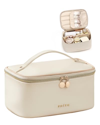 Prite Groß Kosmetiktasche für Damen Reise Kulturtasche aus Wasserdichtem Leder Tragbare Kulturbeutel oder Make Up Tasche mit Griff und Abnehmbarem Trenner (Beige) Prite Groß Kosmetiktasche für Damen Reise Kulturtasche aus Wasserdichtem Leder Tragbare Kulturbeutel oder Make Up Tasche mit Griff und Abnehmbarem Trenner (Beige) von Prite
