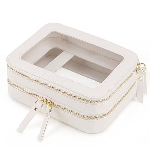 Prite Große Transparent Kosmetiktasche Doppelschichtig Make Up Tasche Damen Reise wasserdichte Kulturbeutel Autozubehör und Auto Organizer mit Doppelreißverschlüss und Fächern (Beige) von Prite